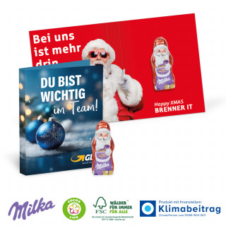 Werbe-Klappkarte mit süßer Füllung - 1 Milka Alpenmilch Weihnachtsmann (ca. 8,8 g)
