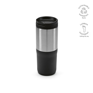 "Orange Travel Cup" Reisebecher aus recyceltem Edelstahl, 600 ml, dreifachwandig, schwarz