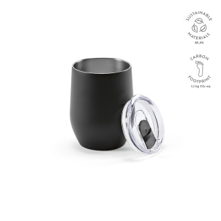 Tigris Reisebecher recycelter Edelstahl, 320 ml. Doppelwandig mit Deckel, schwarz