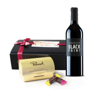 Goldbox mit Banderole veredelt & Blackprint Wein Gold, 32 "Rausch Plantagen" Minis & Blackprint Rotwein, 214 g & 0,75l Wein|