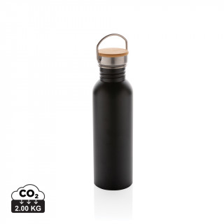 Moderne Stainless-Steel Flasche mit Bambusdeckel, schwarz