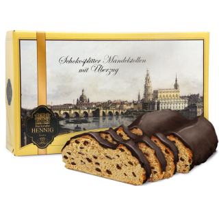 1000g Edler Schokosplitter-Mandelstollen mit Überzug aus einer aus 17% kakaohaltigen Fettglasur in Geschenkkarton