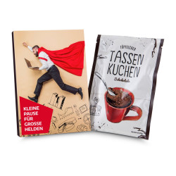 Geschenkartikel / Präsentartikel: Tassenkuchen Schokolade 70 g, Pause für große Bürohelden Geschenkartikel / Präsentartikel: Tassenkuchen Schokolade 70 g, Pause für große Bürohelden