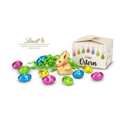 Geschenkartikel / Präsentartikel: Buntes Lindt Osternest - Lindt-Osterhase mit 6 Eiern, auch in individueller Pralinenschachtel