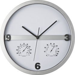 Wanduhr mit Hygro - und Thermometer, halbes Display bedruckbar Wanduhr mit Hygro - und Thermometer, halbes Display bedruckbar