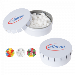Runde Click-Blechdose 53 mm mit Minties, Fruchtherzchen, Schokolinsen oder Jelly Beans