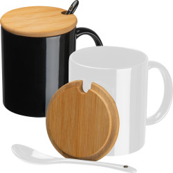 Keramiktasse mit Löffel und Bambusdeckel Keramiktasse mit Löffel und Bambusdeckel