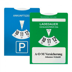 Kartonparkscheibe mit Ladedaueranzeige für Elektroautos Kartonparkscheibe mit Ladedaueranzeige für Elektroautos