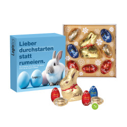 Präsent "Kleiner Ostergruß", Lindt Schokoladen-Eier und Goldhase