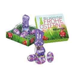 Osternest, Milka Schokoladen-Eier und Schmunzelhase