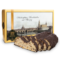 500g Edler Schokosplitter-Mandelstollen mit Überzug aus einer 17% kakaohaltigen Fettglasur im Geschenkkarton